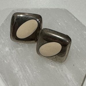Vintage Enameled Ivory And Silver Square Clip On Earrings Signed Xeja